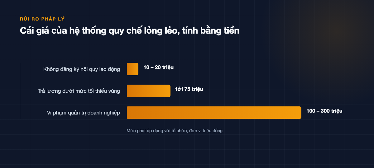 Biểu đồ cột so sánh ba mức phạt: 10–20 triệu, tới 75 triệu và 100–300 triệu đồng