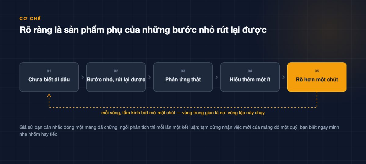 Chuỗi năm bước lặp: chưa biết đi đâu, bước nhỏ rút lại được, phản ứng thật, hiểu thêm một ít, rõ hơn một chút; mũi tên quay về đầu