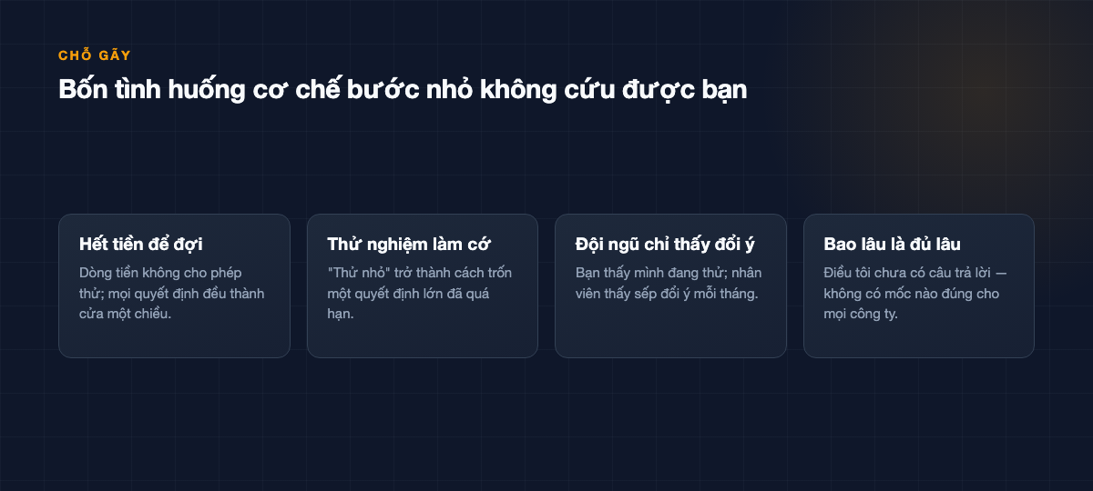 Bốn thẻ: hết tiền để đợi, thử nghiệm làm cớ, đội ngũ chỉ thấy đổi ý, bao lâu là đủ lâu