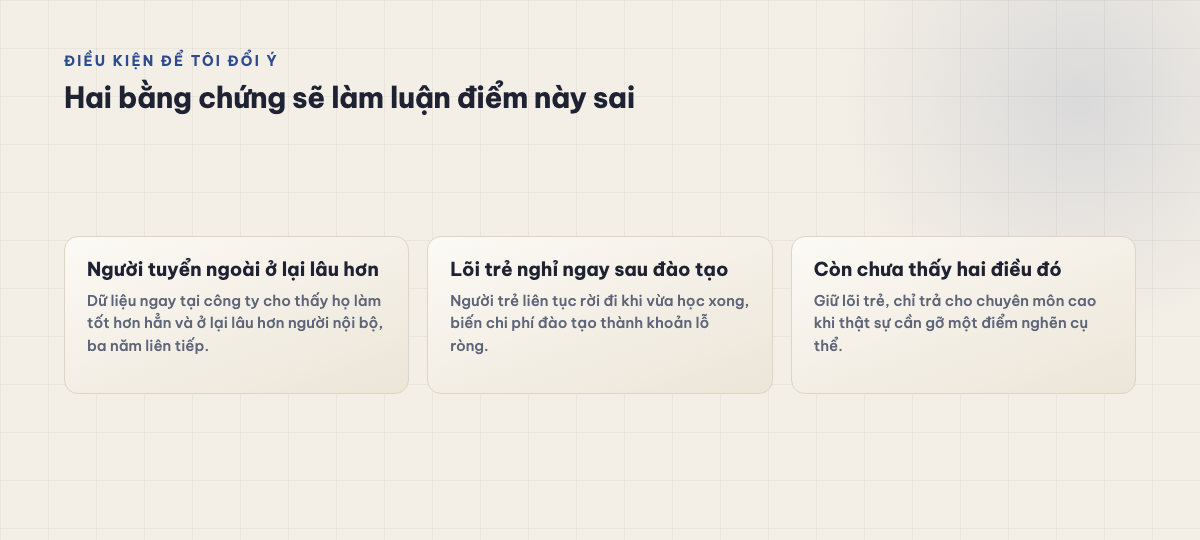Hai bằng chứng sẽ làm tác giả đổi ý: người tuyển ngoài ở lại lâu hơn, hoặc lõi trẻ nghỉ ngay sau đào tạo